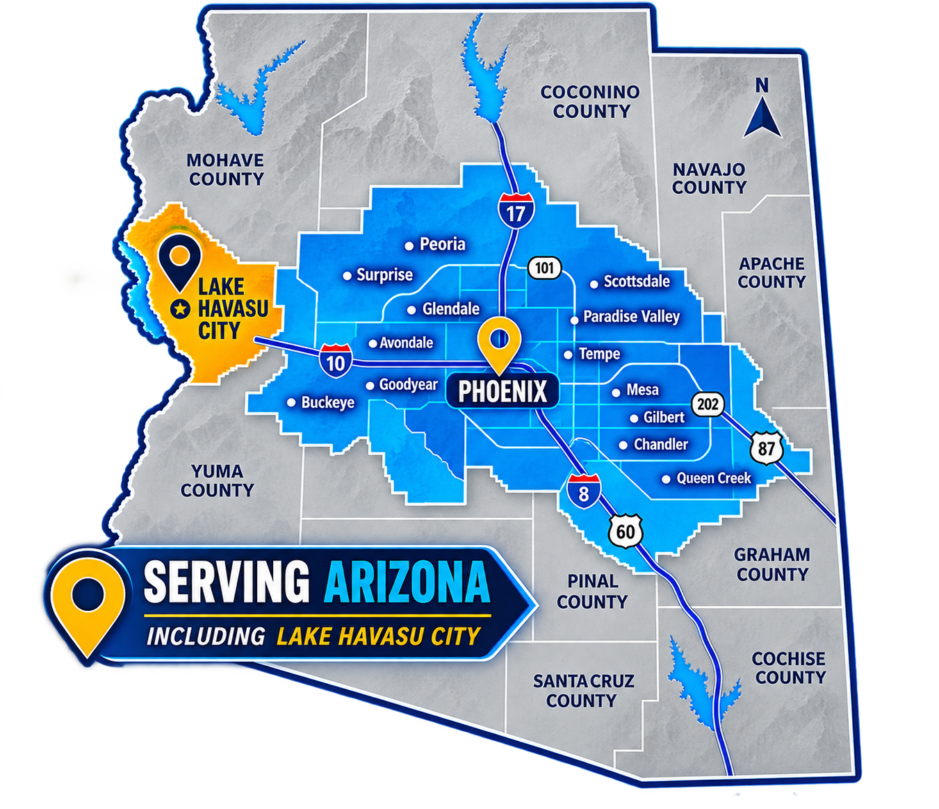 Map of the Burro Pool Services Arizona service area, including the Phoenix metro area and Lake Havasu City
